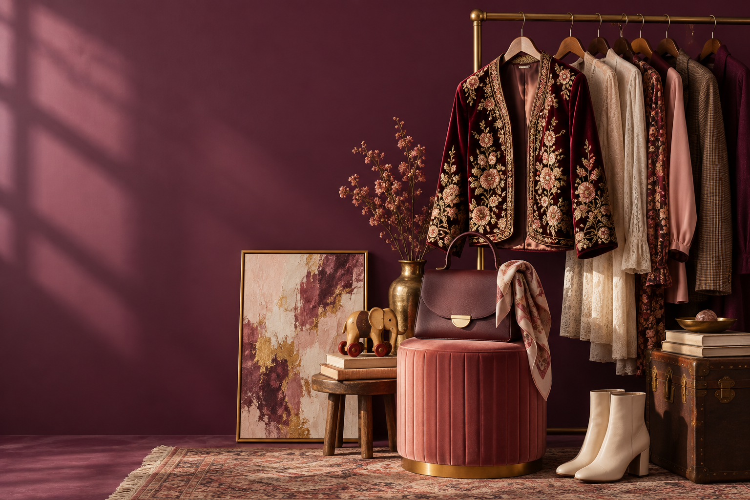 A curated boutique display of vintage clothing, art, a handbag, and a wooden toy